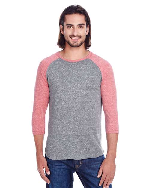Threadfast Apparel 302G Grey/ Red Triblend — on model front
