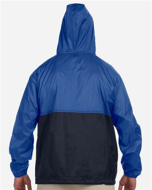 Harriton M750 Royal/ Navy — on model back