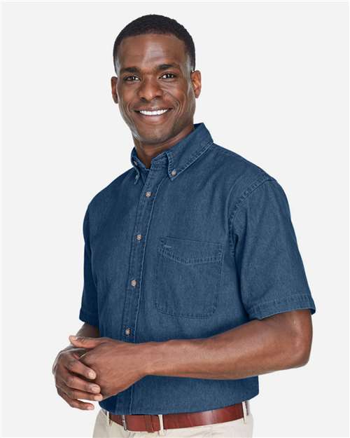 Harriton M550S Dark Denim — on model side
