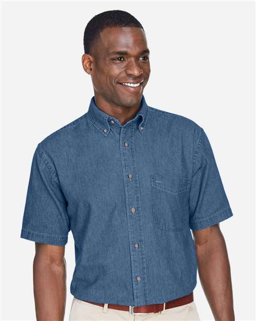 Harriton M550S Light Denim — on model front
