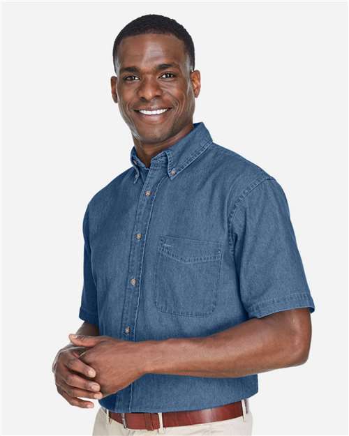 Harriton M550S Light Denim — on model side