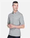 Harriton M265P Grey Heather — on model side