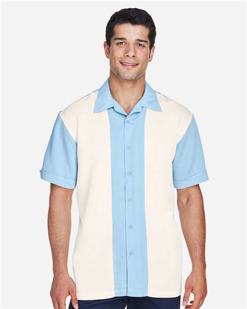 Harriton M575 Cloud Blue/ Cream — on model front