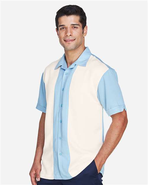 Harriton M575 Cloud Blue/ Cream — on model side