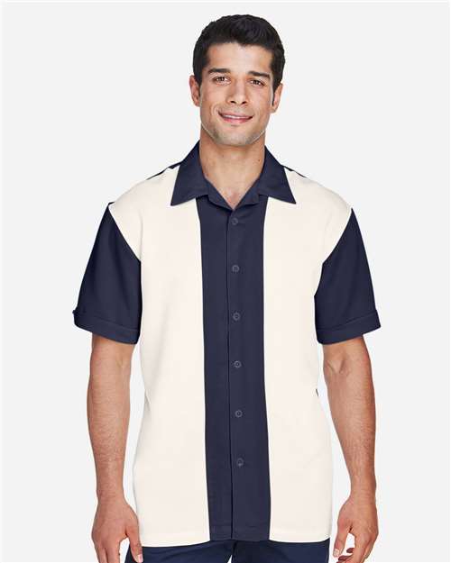 Harriton M575 Navy/ Cream — on model front