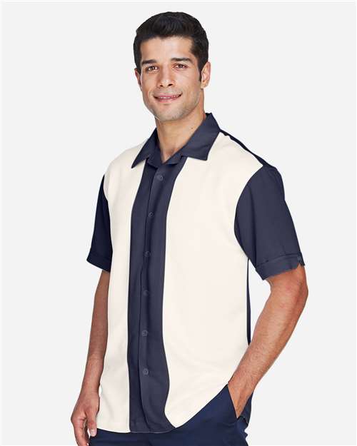 Harriton M575 Navy/ Cream — on model side