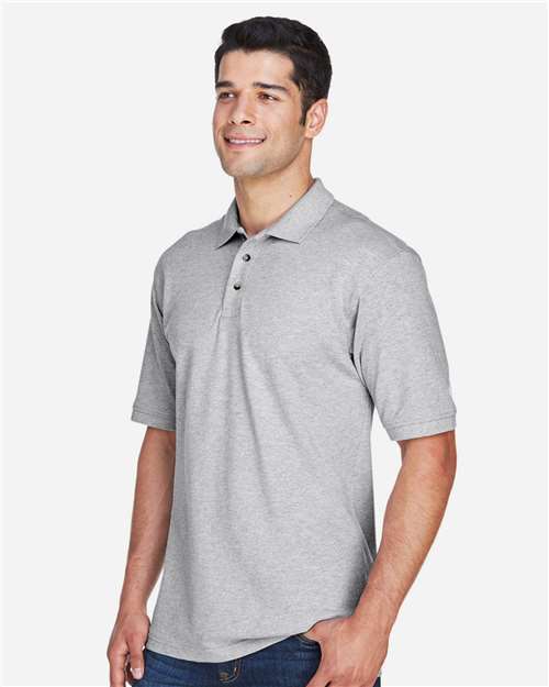 Harriton M200T Grey Heather — on model side