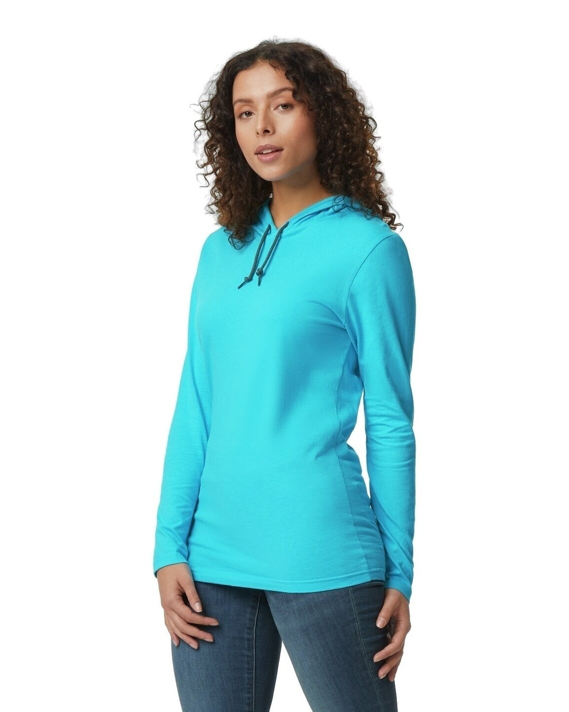 Unisex Lightweight Long-Sleeve Hooded T-Shirt - Caribbean Blue / Dark Gray