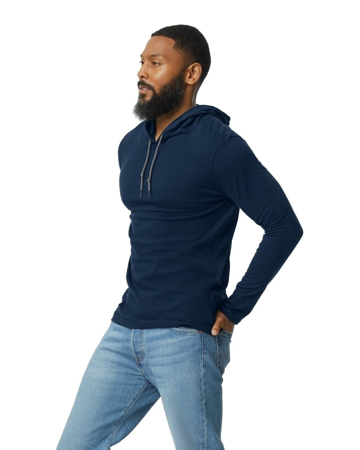 Unisex Lightweight Long-Sleeve Hooded T-Shirt - Navy / Dark Gray