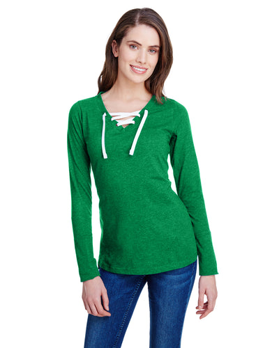 Women's Long Sleeve Fine Jersey Lace-Up T-Shirt - Vintage Green / White