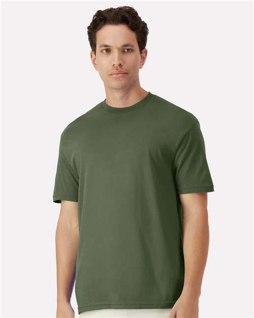 Gildan 3000 Military Green — on model front