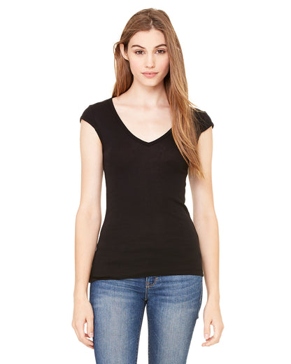 Women's Sheer Mini Rib Cap-Sleeve Deep V-Neck T-Shirt - Black