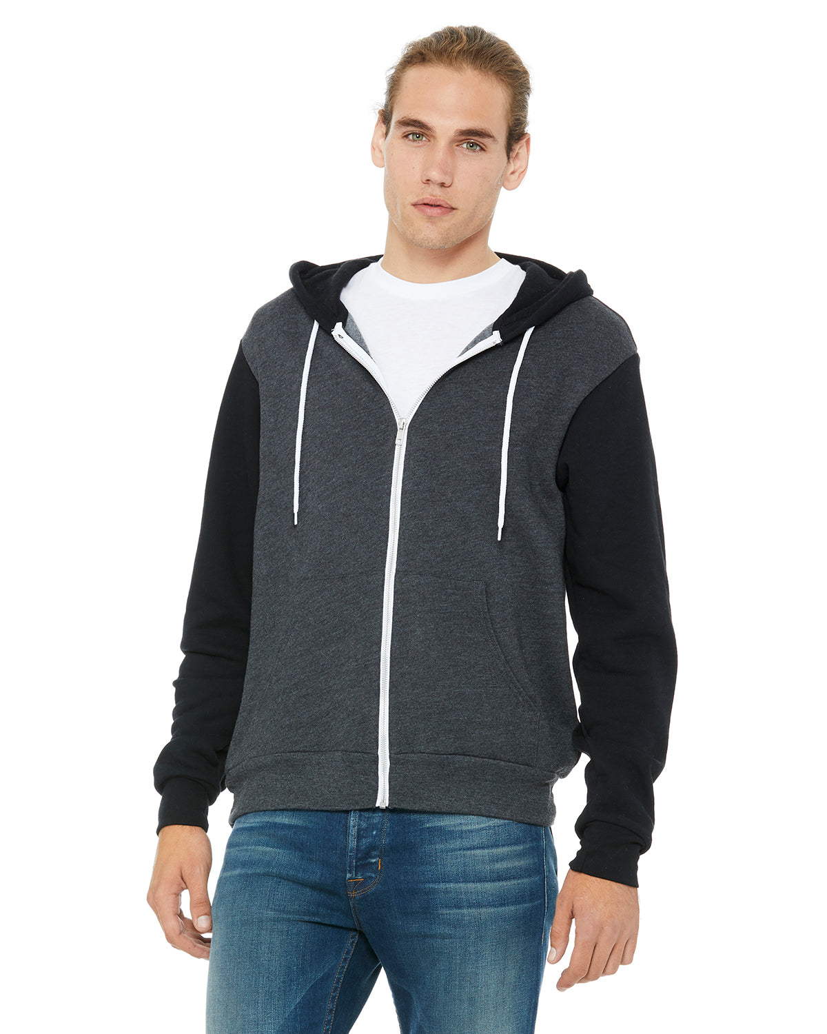 Unisex Poly-Cotton Sponge Fleece Full-Zip Hoodie - Heather Dark Gray / Black