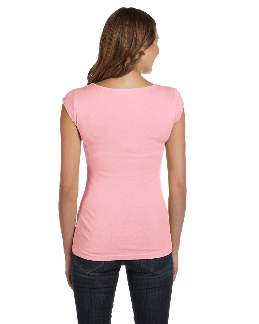 Women's Sheer Mini Rib Cap-Sleeve Deep V-Neck T-Shirt - Pink