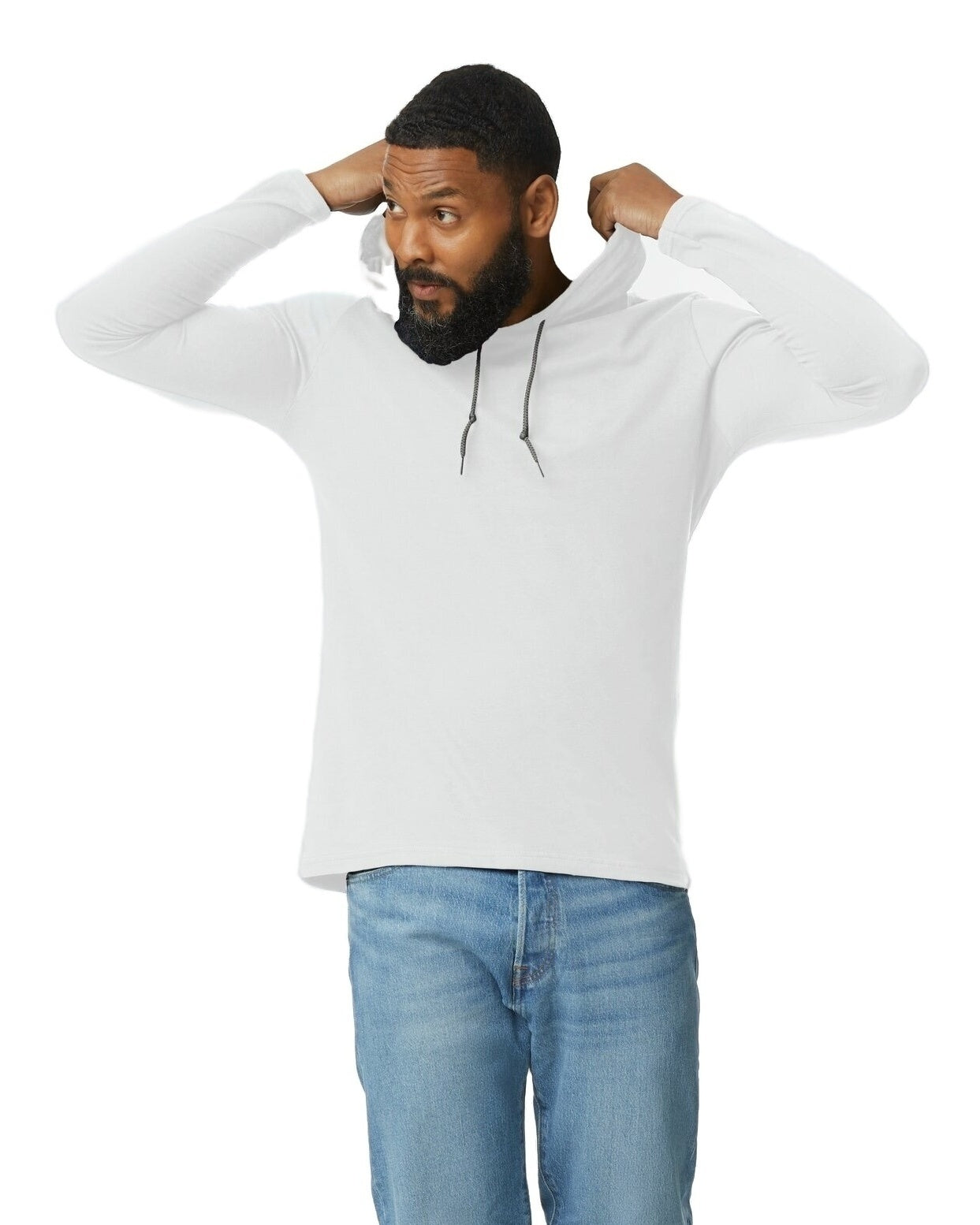 Unisex Lightweight Long-Sleeve Hooded T-Shirt - White / Dark Gray