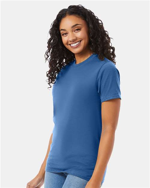 Hanes 5180 Denim Blue — on model side