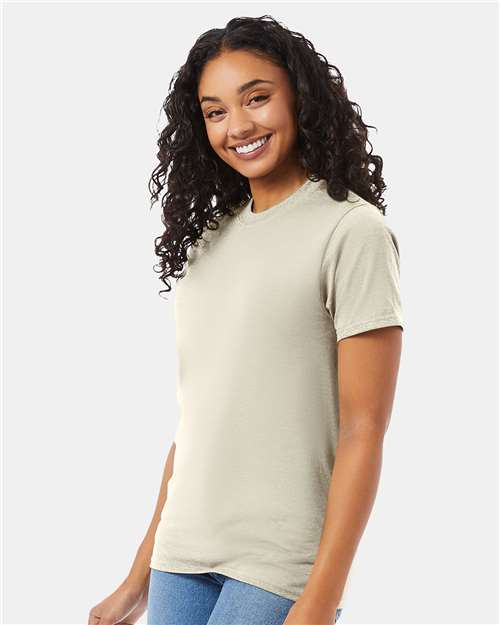 Hanes 5180 Natural — on model side