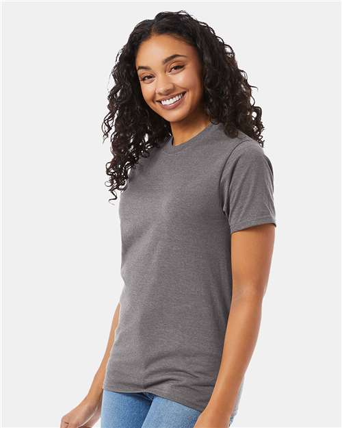 Hanes 5180 Oxford Grey — on model side