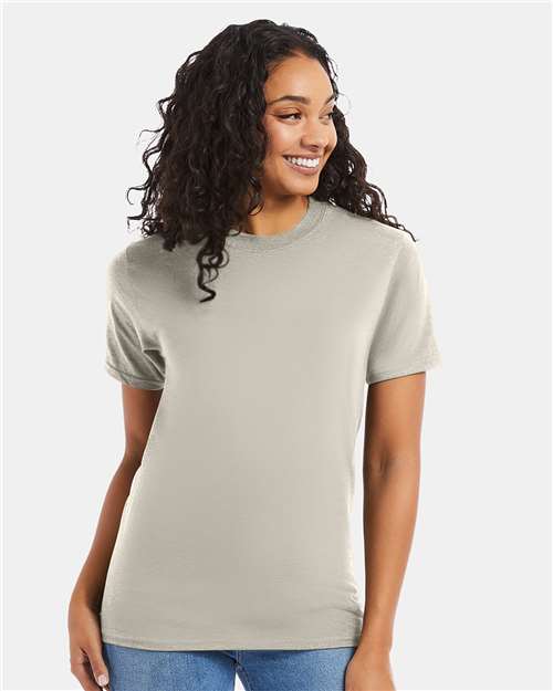 Hanes 5180 Sand — on model front