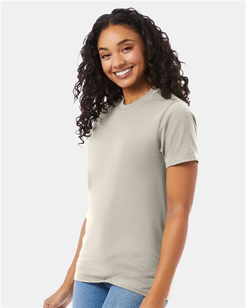 Hanes 5180 Sand — on model side