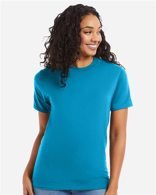 Hanes 5180 Teal — on model front
