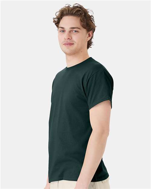 Hanes 5170 Deep Forest — on model side