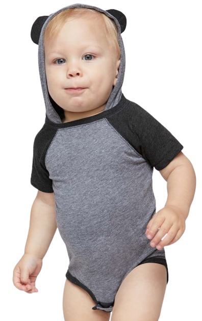 Fine Jersey Infant Short Sleeve Raglan Bodysuit with Hood & Ears - Granite Heather / Vintage Smoke