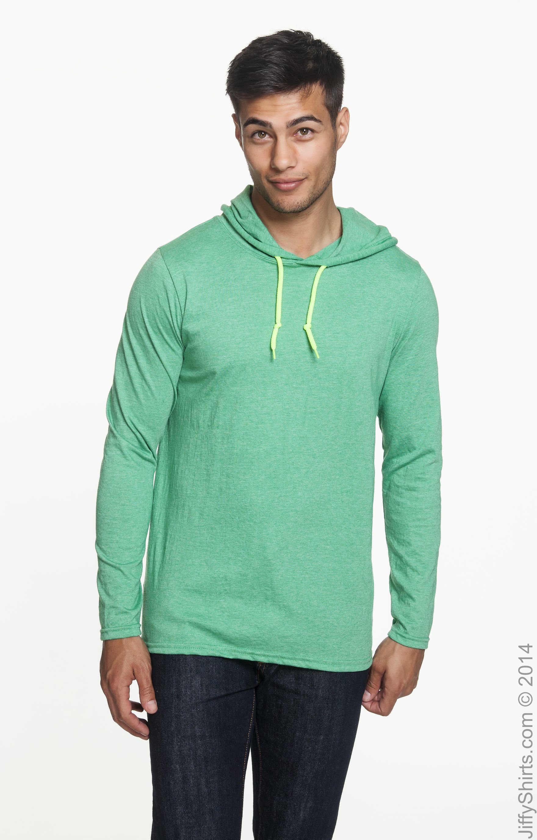 Unisex Lightweight Long-Sleeve Hooded T-Shirt - Heather Green / Neon Yellow