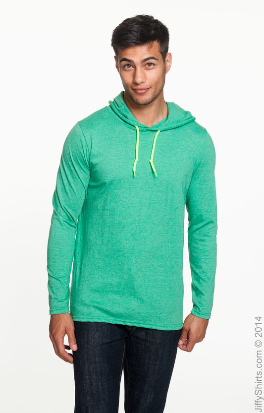 Unisex Lightweight Long-Sleeve Hooded T-Shirt - Heather Green / Neon Yellow