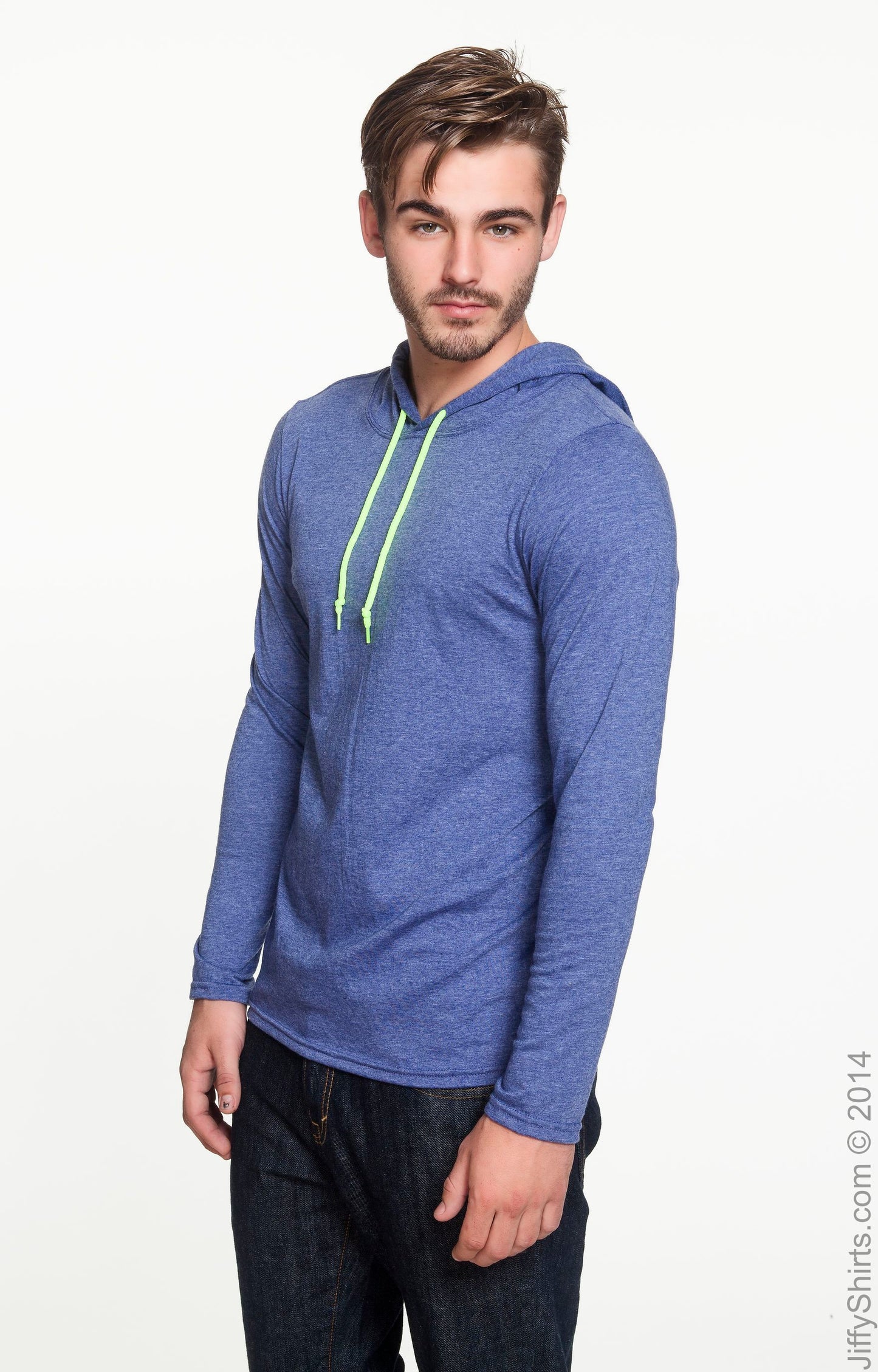 Unisex Lightweight Long-Sleeve Hooded T-Shirt - Heather Blue / Neon Yellow