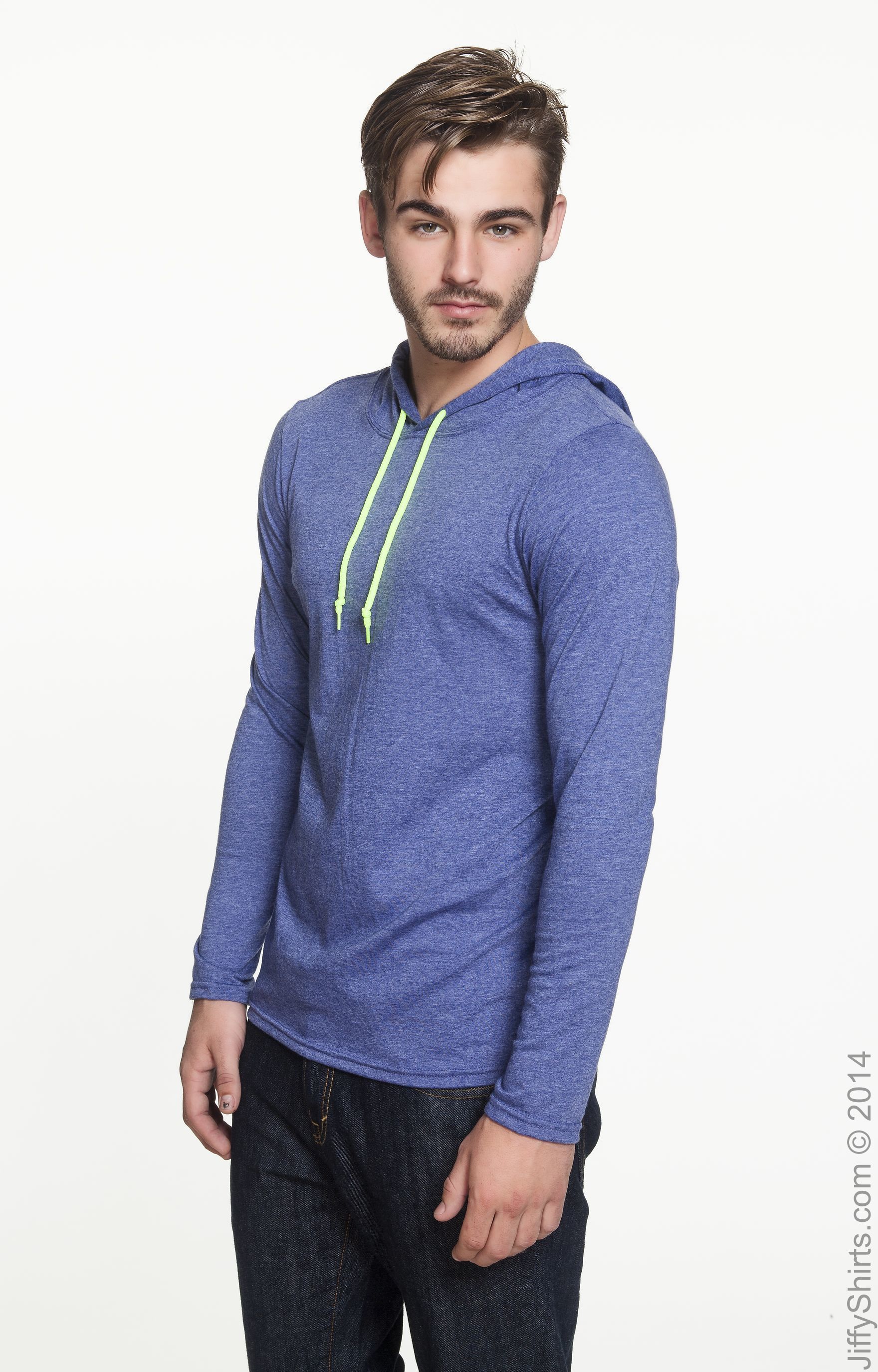 Unisex Lightweight Long-Sleeve Hooded T-Shirt - Heather Blue / Neon Yellow