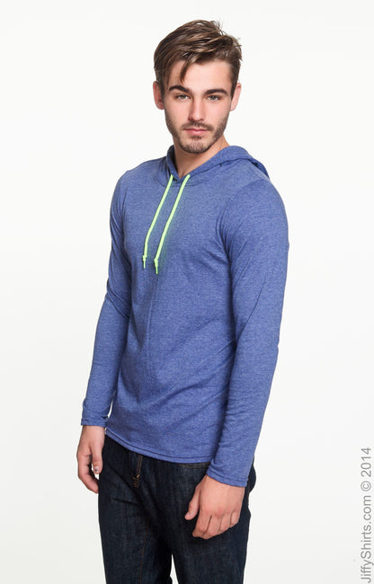 Unisex Lightweight Long-Sleeve Hooded T-Shirt - Heather Blue / Neon Yellow