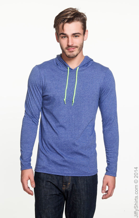 Unisex Lightweight Long-Sleeve Hooded T-Shirt - Heather Blue / Neon Yellow