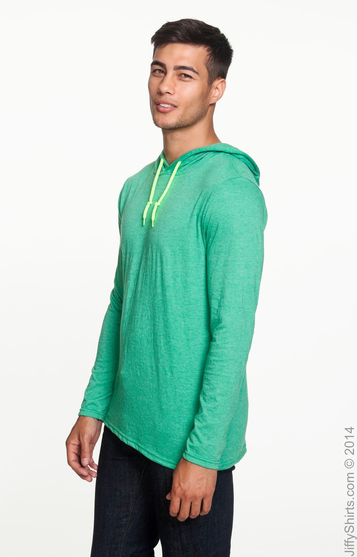 Unisex Lightweight Long-Sleeve Hooded T-Shirt - Heather Green / Neon Yellow