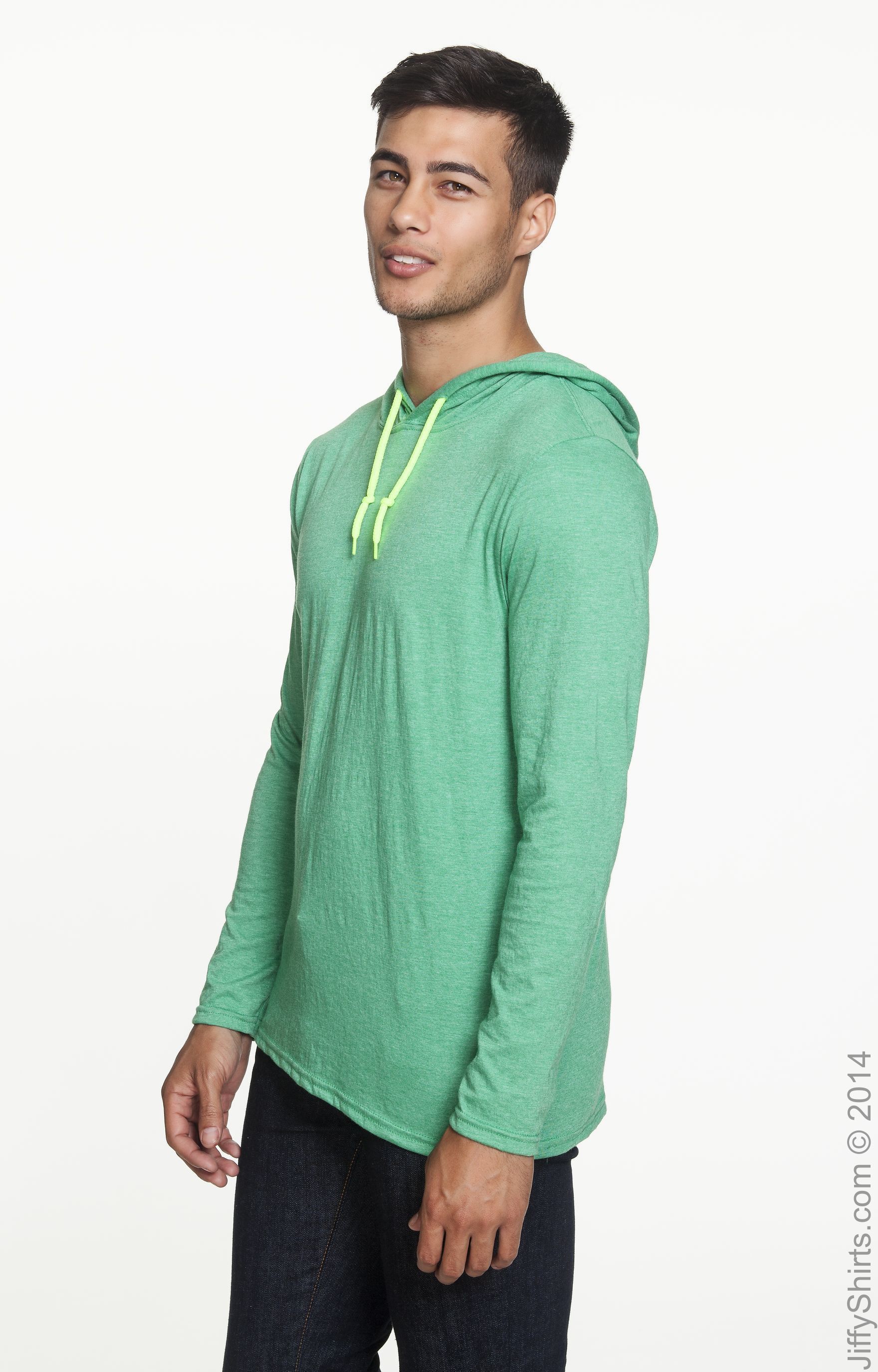Unisex Lightweight Long-Sleeve Hooded T-Shirt - Heather Green / Neon Yellow