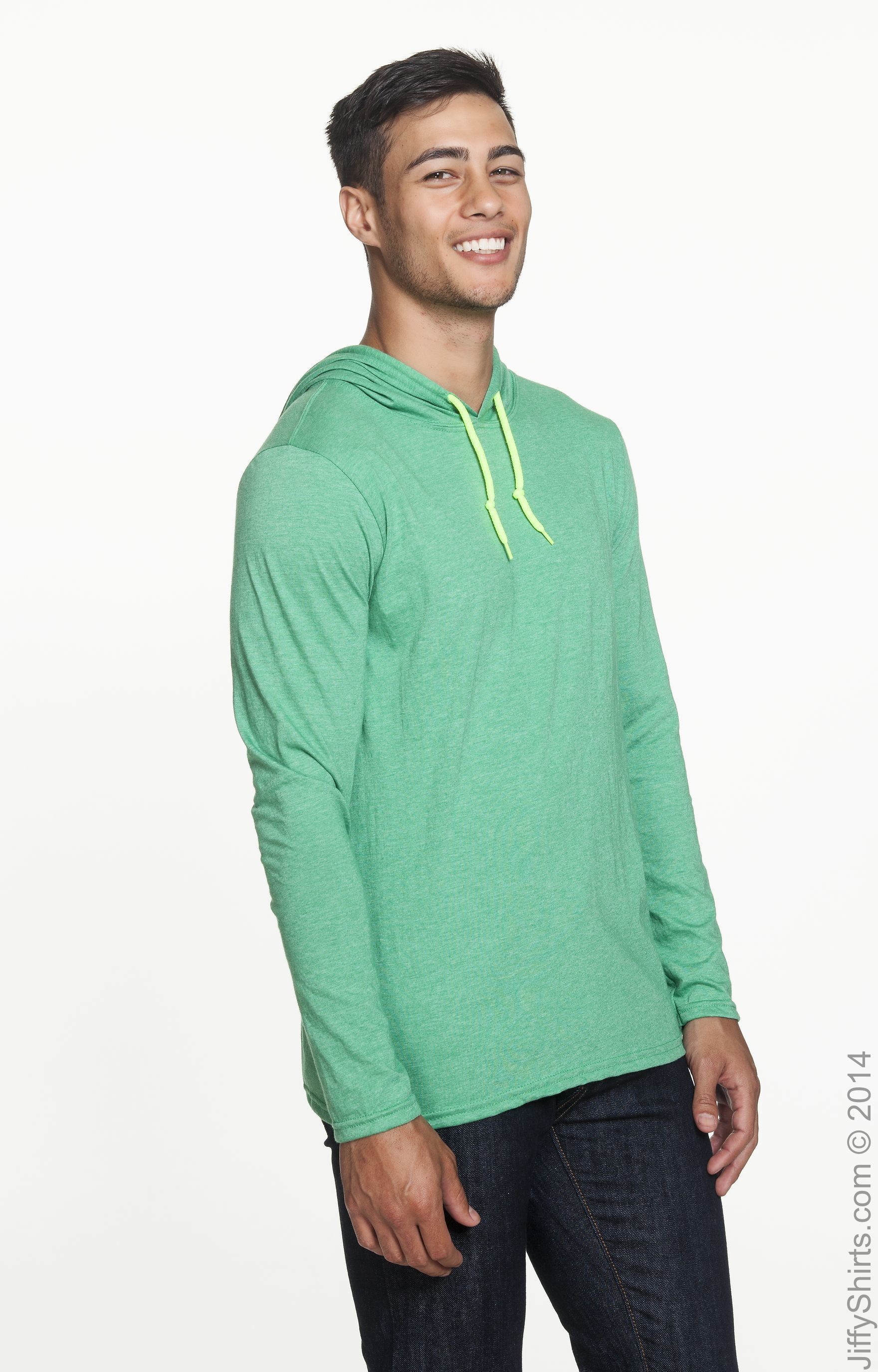 Unisex Lightweight Long-Sleeve Hooded T-Shirt - Heather Green / Neon Yellow