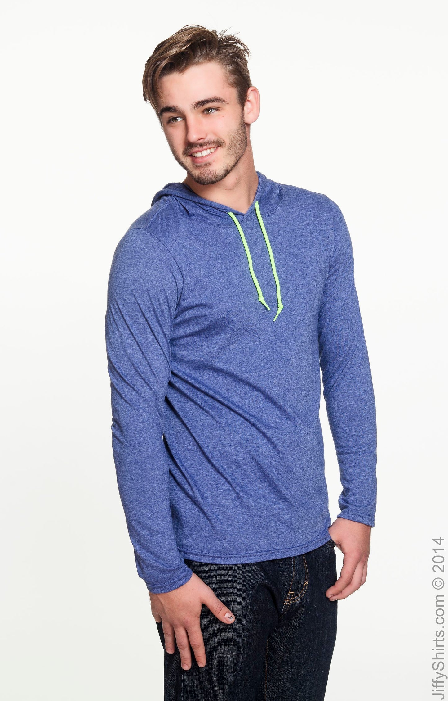 Unisex Lightweight Long-Sleeve Hooded T-Shirt - Heather Blue / Neon Yellow