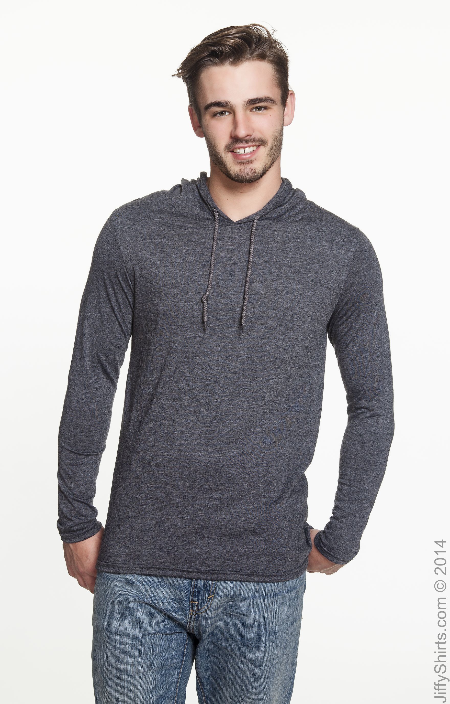 Unisex Lightweight Long-Sleeve Hooded T-Shirt - Heather Dark Gray / Dark Gray