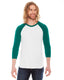 American Apparel BB453W - Unisex Poly-Cotton 3/4-Sleeve Raglan T-Shirt - White / Evergreen