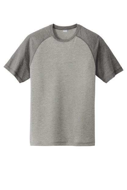 Unisex PosiCharge Tri-Blend Wicking Raglan Tee - Dark Gray Heather / Light Gray Heather