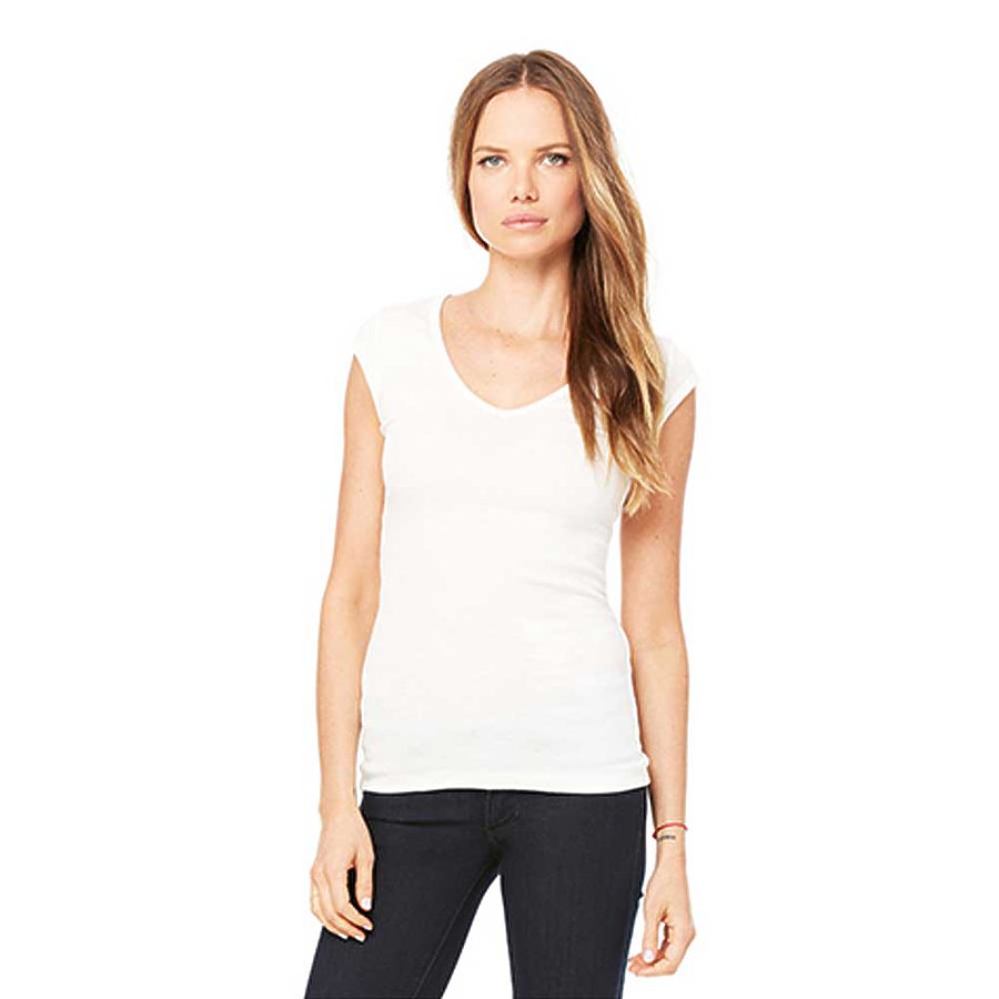Women's Sheer Mini Rib Cap-Sleeve Deep V-Neck T-Shirt - Cream