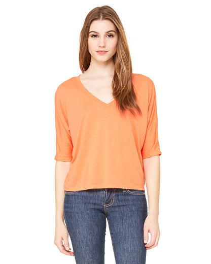 Women's Flowy Boxy Half-Sleeve V-Neck T-Shirt - Coral