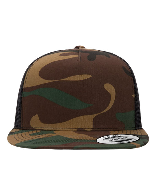 Unisex 5-Panel Flat Bill Trucker Cap - Green Camo/ Black