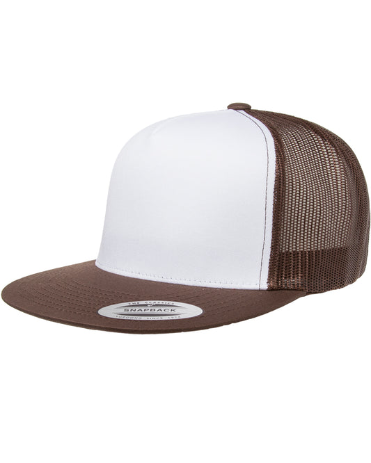 Unisex Classic Flat Bill Trucker with White Front Panel Cap - White / Brown