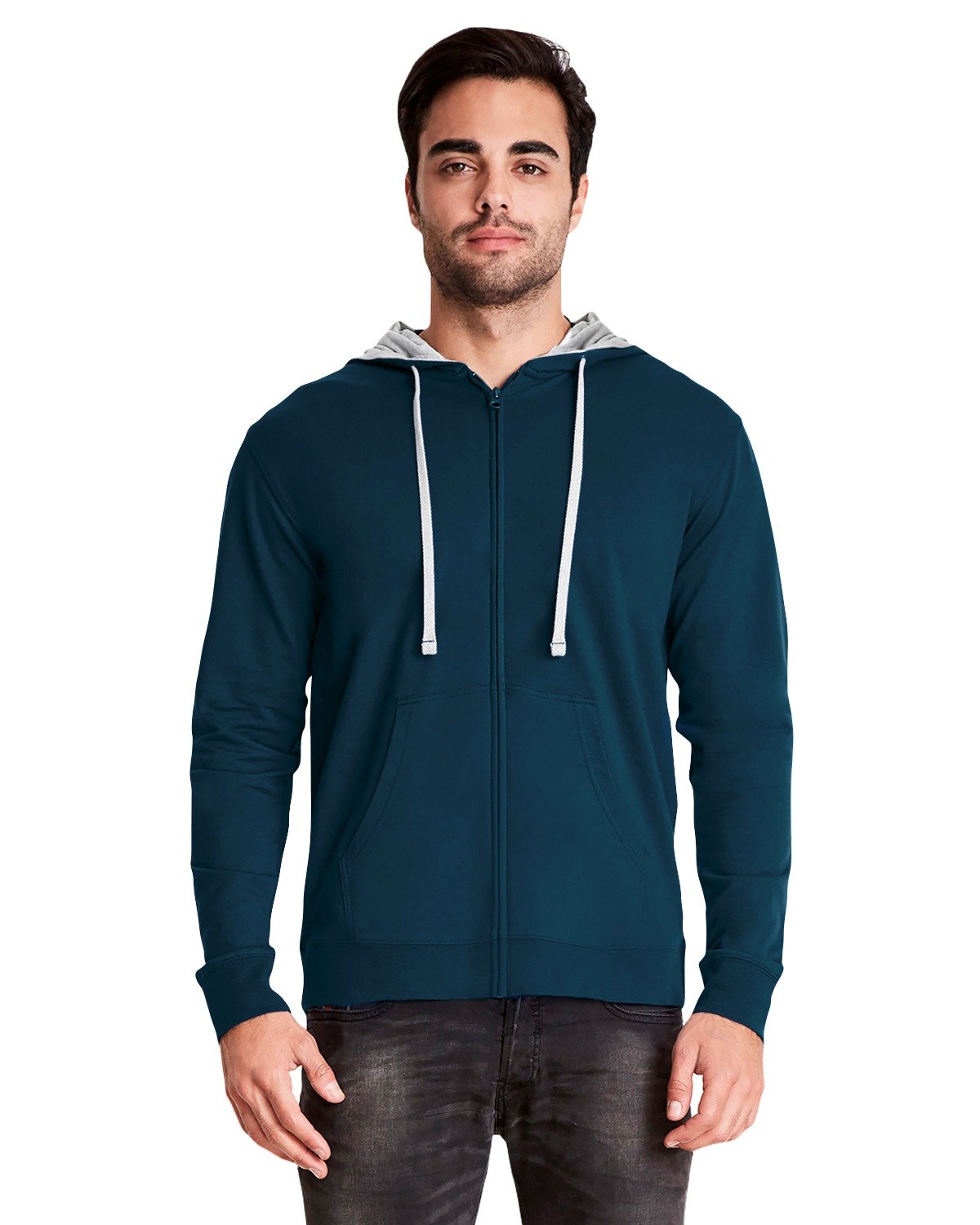 Unisex French Terry Zip Hoodie - Midnight Navy / Heather Gray