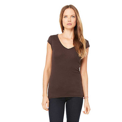 Women's Sheer Mini Rib Cap-Sleeve Deep V-Neck T-Shirt - Chocolate