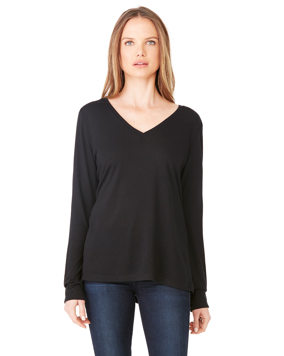 Women's Flowy Long-Sleeve V-Neck - Black