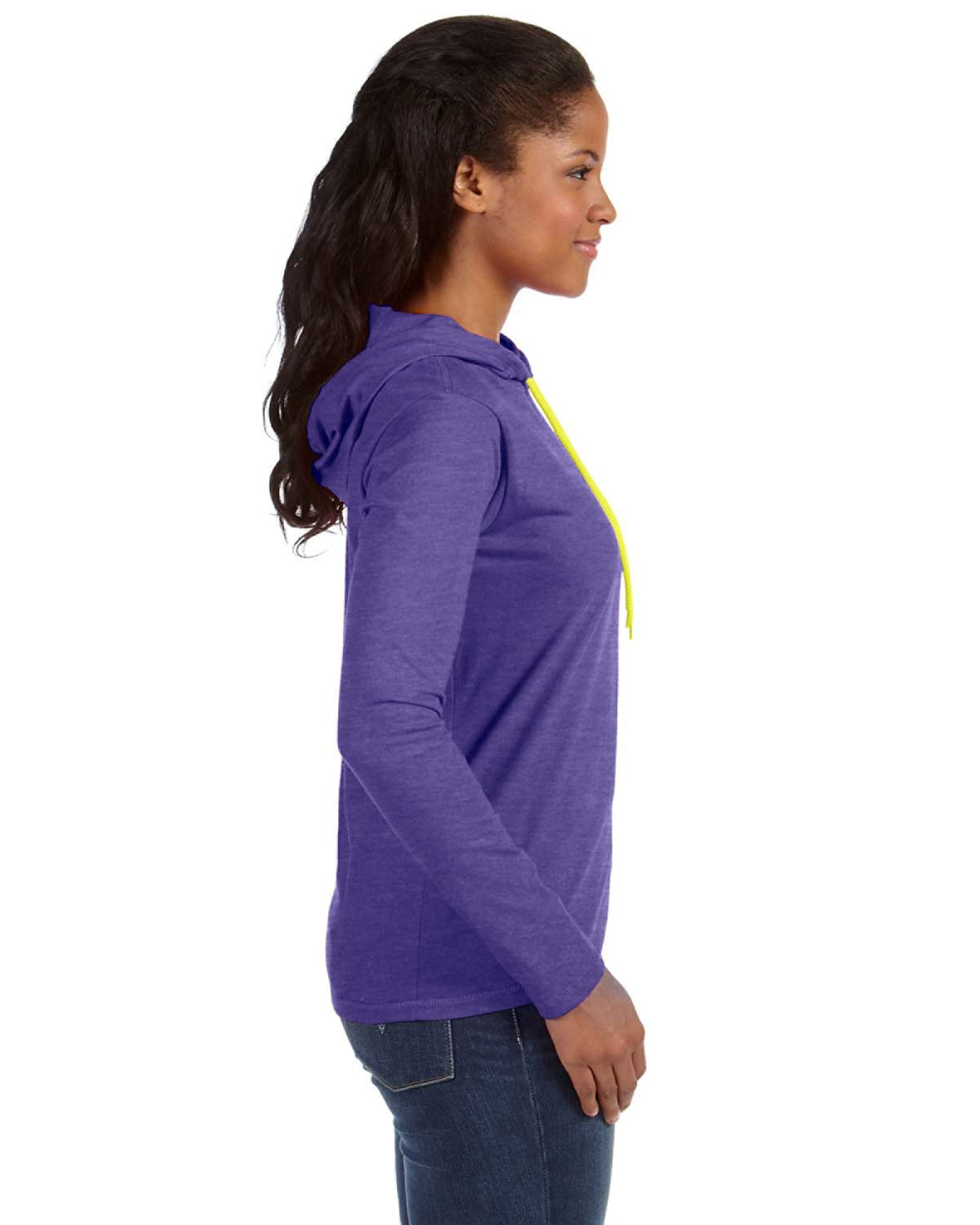 Women's Lightweight Long-Sleeve Hooded T-Shirt - Heather Purple / Neon Yellow