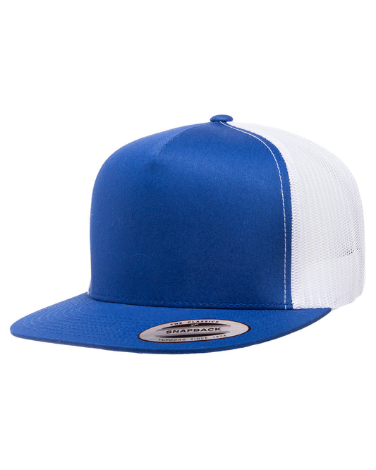 Unisex 5-Panel Flat Bill Trucker Cap - Royal / White