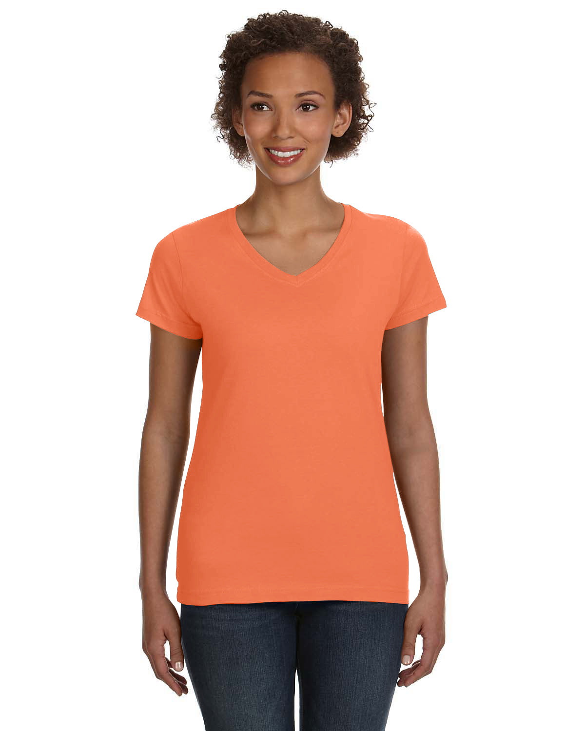 Women's V-Neck Fine Jersey T-Shirt - Papaya